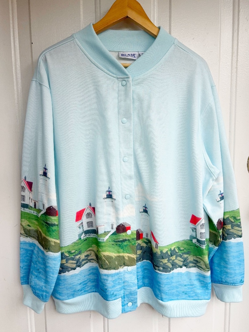 Blair Womens Large Petite Lighthouse Coastal Snap Front Sweatshirt Jacket Blue